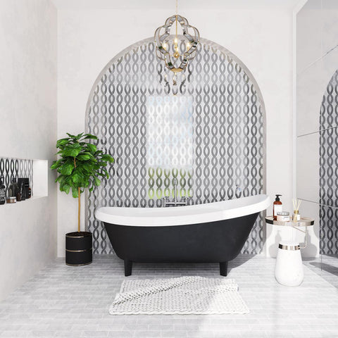 White marble bathroom with patterned mirror tile