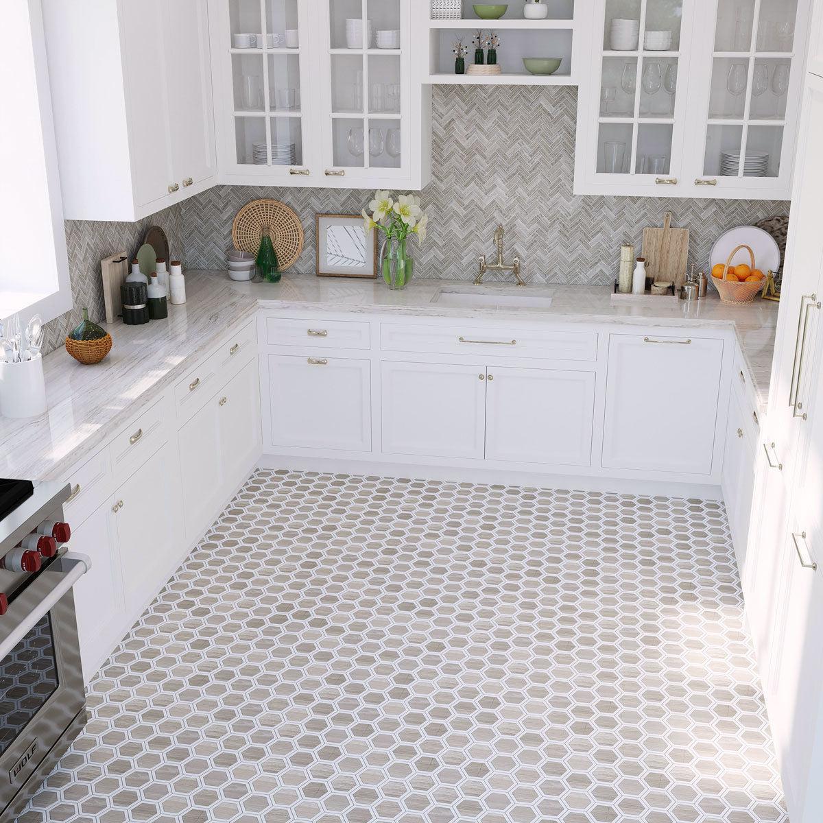 Neutral Farmhouse Kitchen with Selo Hex Wooden Beige Marble Mosaic Tile patterned floors and Wooden Grey Herringbone Backsplash Tile