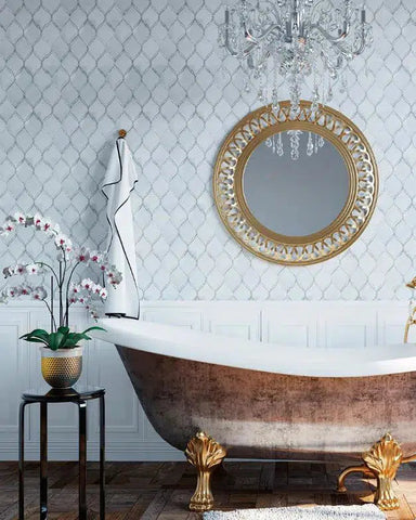 Luxurious bathroom with white marble and shell arabesque wall tile