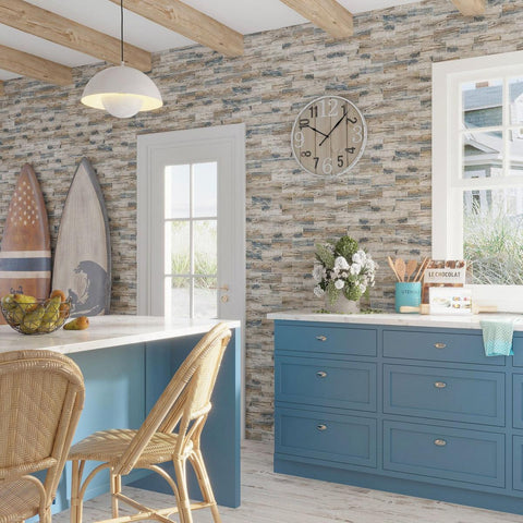 Blue & White Kitchen with Recycled Glass Subway Mosaic Tile In Blue Wood Color Wall