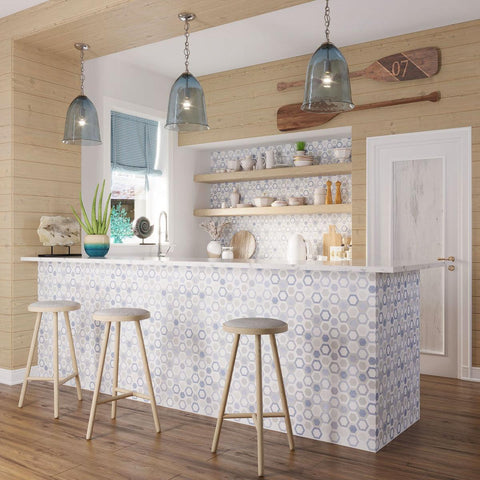 Thassos And Azul Cielo Double Hexagon Marble Mosaic Tile Kitchen Backsplash & Bar Counter