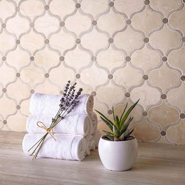 Crema Marfil Large Basket Weave With Emperador Light Dot Marble Mosaic Tile