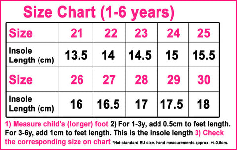 LED shoes size chart