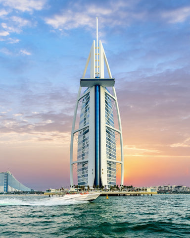 Burj Al Arab with a soft sunset as the backdrop