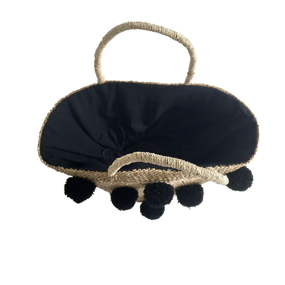 The Straw Pom Pom Basket with black pom pom&#39;s – MOOS STRAW BAGS