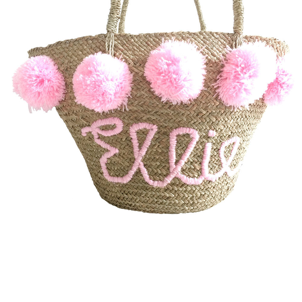 The Personalised Pom Pom Straw Basket – MOOS STRAW BAGS