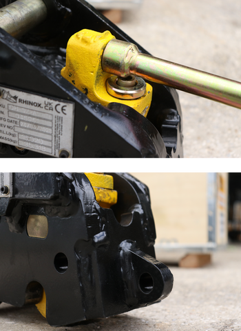 Top: Lever bar of the Rhinox autolock quick hitch. Bottom: LOLER tested lifting eye