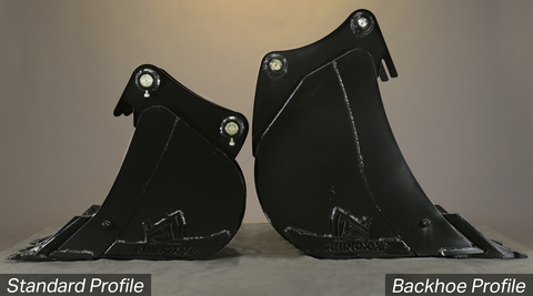 Left: Rhinox Standard profile bucket for 3CX. Right: Rhinox 3CX Backhoe Profile bucket