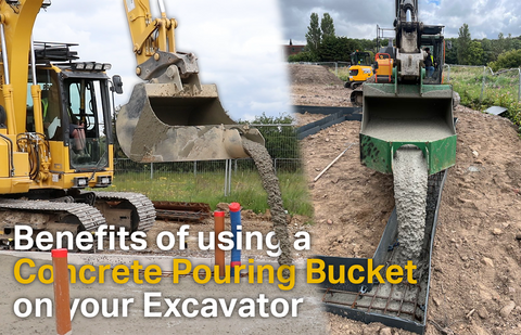 2x excavator concrete pouring buckets pouring concrete into foundations