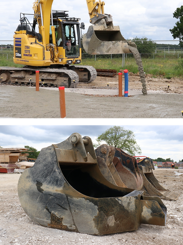 Top: Excavator concrete pouring bucket pouring a concrete slab around pipes. Bottom: Concrete pouring bucket sat on the ground ready for use