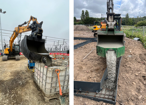 Rhinox concrete pouring bucket pouring narrow foundations and into a container