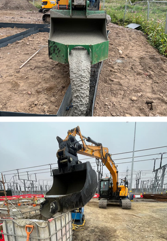 Top: Green concrete pouring bucket pouring concrete into a narrow foundations trench. Bottom: Concrete pouring bucket pouring concrete into a small container