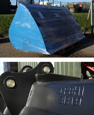 Blue Rhinox telehandler bucket and an excavator bucket with a custom welded code