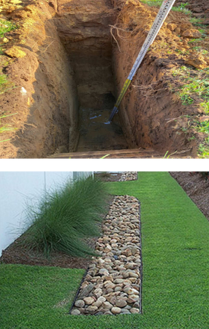 Top: foundations testing trial holes. Bottom: example of landscaping job when a square sided trench would be ideal.