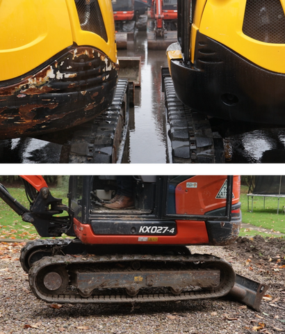 Inspecting External Condition - Top: External Cab Condition, Bottom: Tracks, Undercarriage
