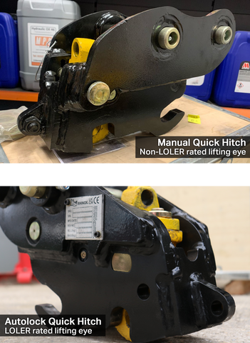 Top: Rhinox manual quick hitch with a non-loler tested lifting eye. Bottom: Rhino autolock quick hitch with a loler rated lifting eye