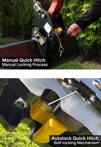 Top: Reinserting safety pin to lock the Rhinox manual quick hitch. Bottom: The self-locking mechanism on the Rhinox autolock quick hitch. Pointing out the pressure sensitive finger.