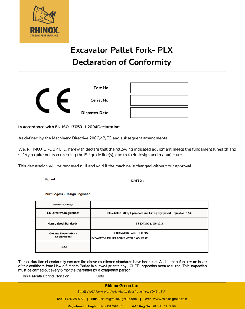 Rhinox Pallet Forks Declaration of Conformity