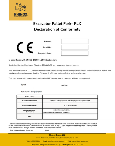 Rhinox Excavator Pallet Forks Certificate of Conformity - White document with Rhinox Yellow logo and footer