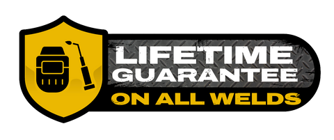 Yellow and Black background with black welding mask and torch with white texting saying ' Lifetime Guarantee' and yellow text saying 'on all welds'