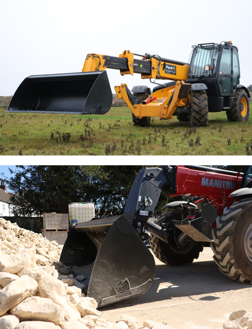 Top: Rhinox telehandler bucket fitted to a JCB telehandler. Bottom: Rhinox telehandler bucket fitted to a Manitou telehandler