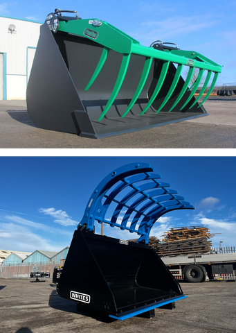 Top: ProDig Attachments Telehandler Grapple Bucket. Bottom: Whites Material Handling Telehandler Grapple Bucket