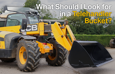 Yellow JCB telehandler fitted with a black Rhinox telehandler bucket