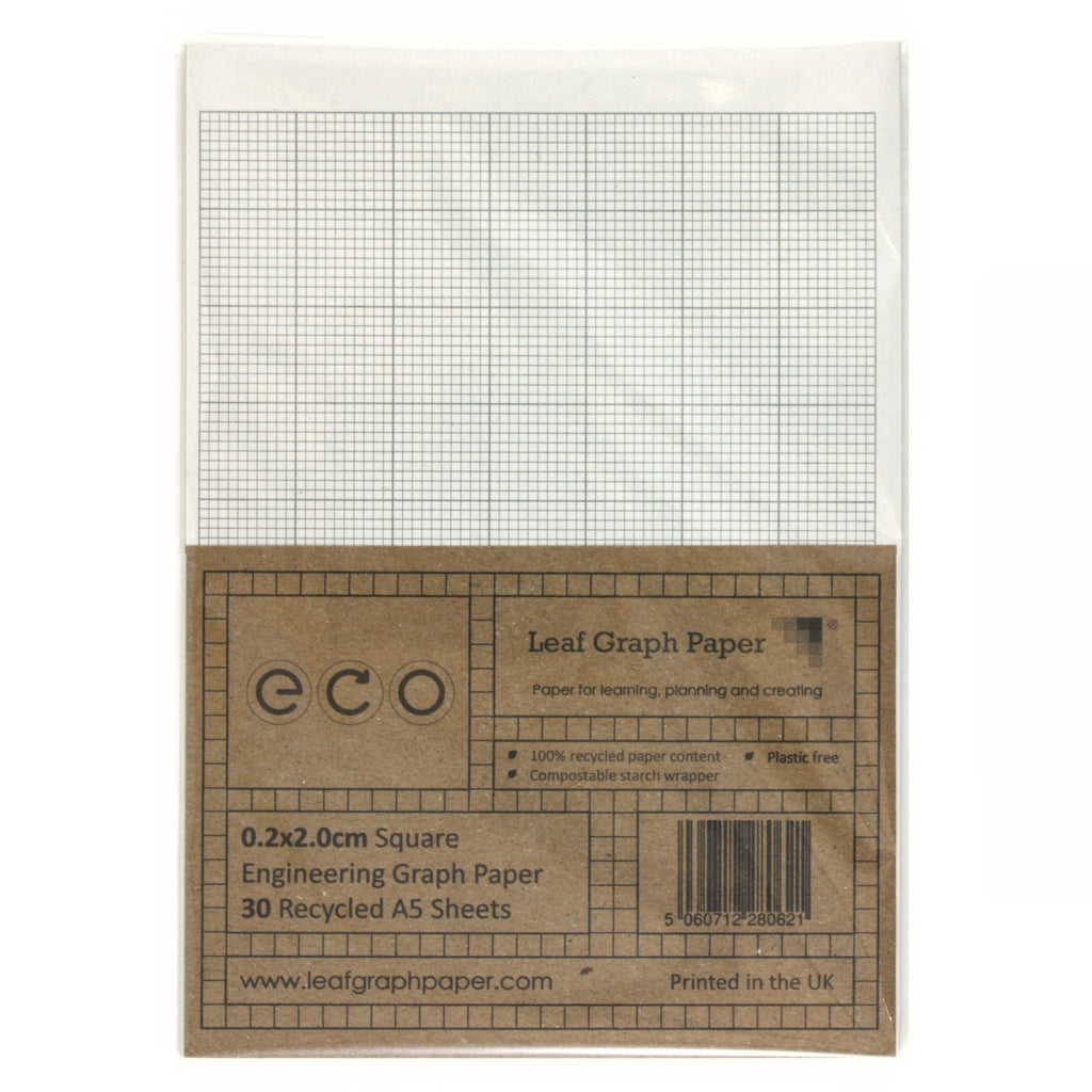 A5 Graph Paper 2mm 0.2cm Squared, 100% Recycled, Plastic Free, 30 Loos