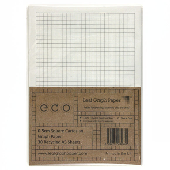 A5 Graph Paper 5mm 0.5cm Squared, 100% Recycled, Plastic Free, 30 Loos