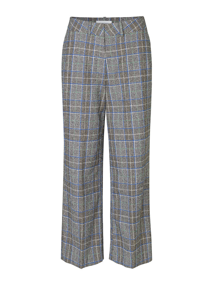 white and black checkered trousers