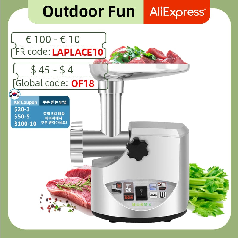 BioloMix Heavy Duty 3000W Max Powerful Electric Meat Grinder Home Sausage Stuffer Meat Mincer Food Processor