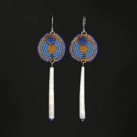 Beaded and tufted blue earrings with Dentalium Shell