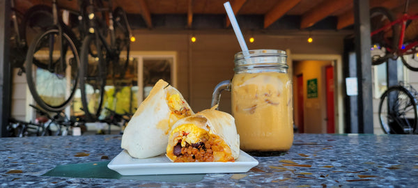 coffee drink and breakfast burrito