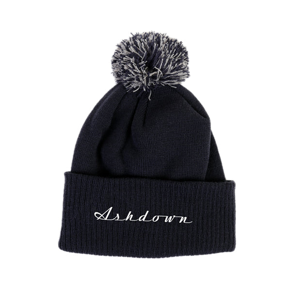 black wooly bobble hat