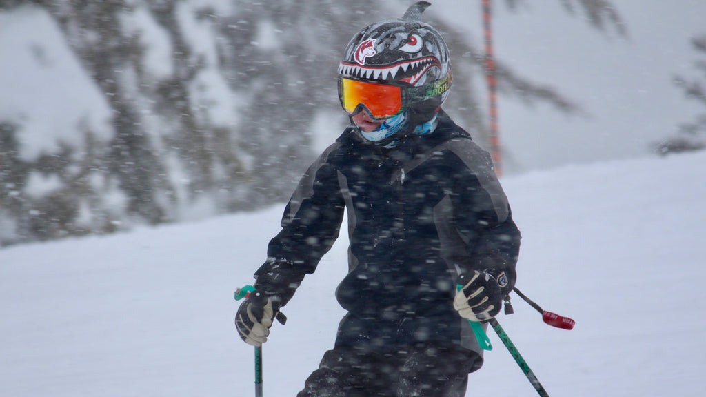 Closeup of young skier in SHRED DOG kids winter gear