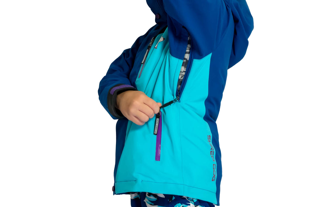 SHRED DOG underarm zippered vents on hardshell kids winter jacket