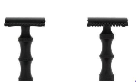 Black safety razor heads in open and closed comb
