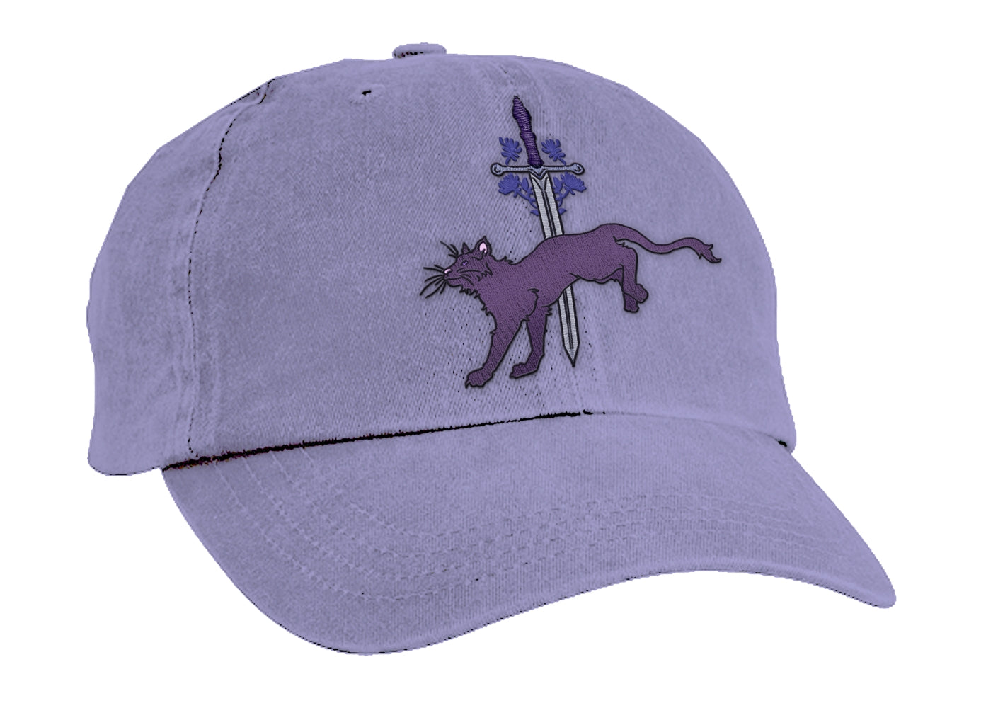 A lavender baseball cap embroidered with a dark purple cat in front of a sword