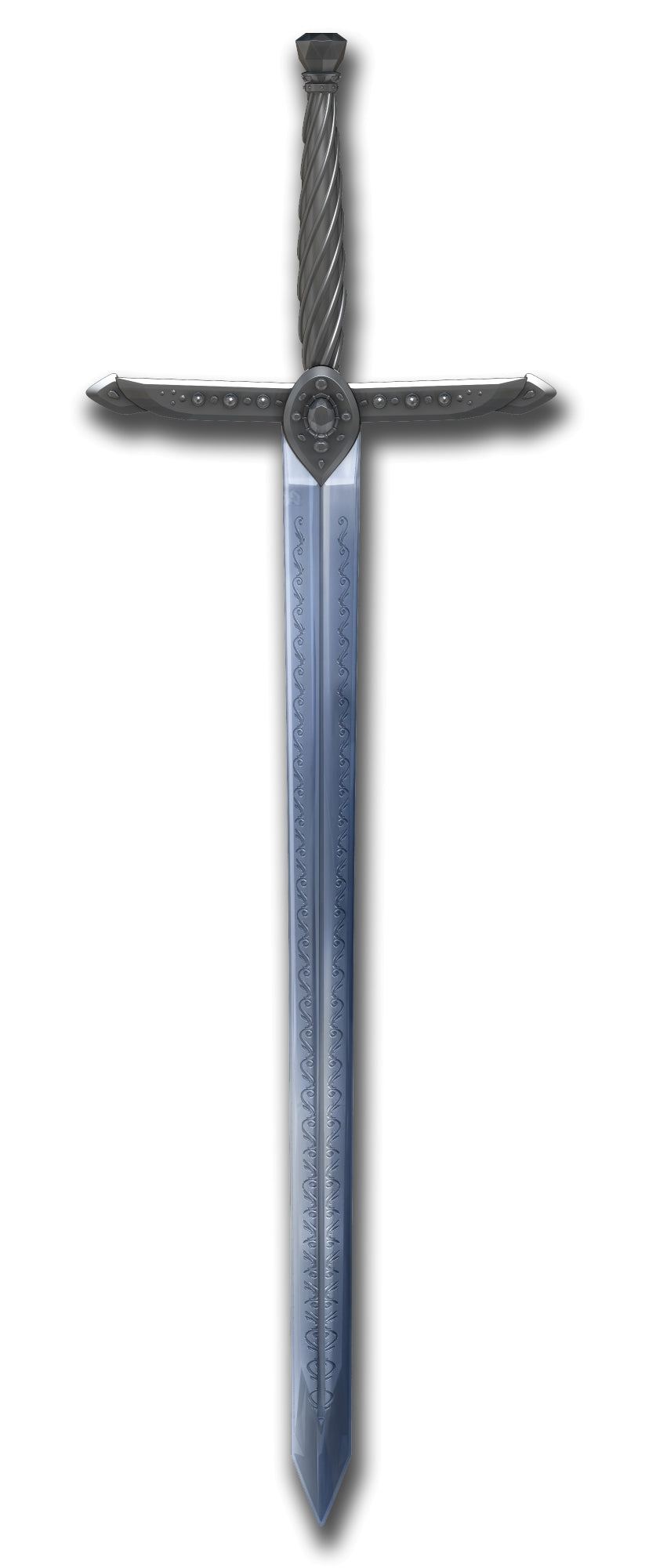 A small, desk-friendly silver sword replica. Swirls are shown on the blade.