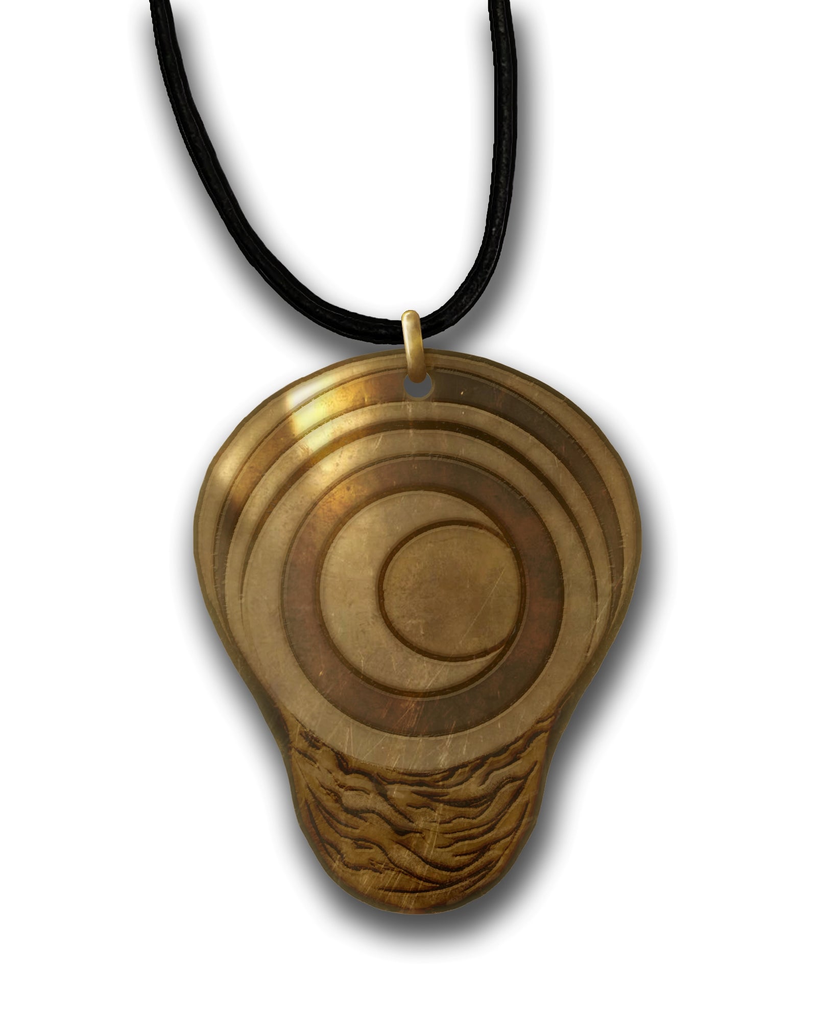 A brass charm, shaped like an upside-down pear, with a swirling crescent moon design and brown cord necklace.