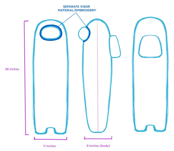 A size reference sketch of the Longbean plush that states it is 36 inches in height, 11 inches in width and 9 inches in thickness. It's noted that there's separate material or embroidery for the visor.