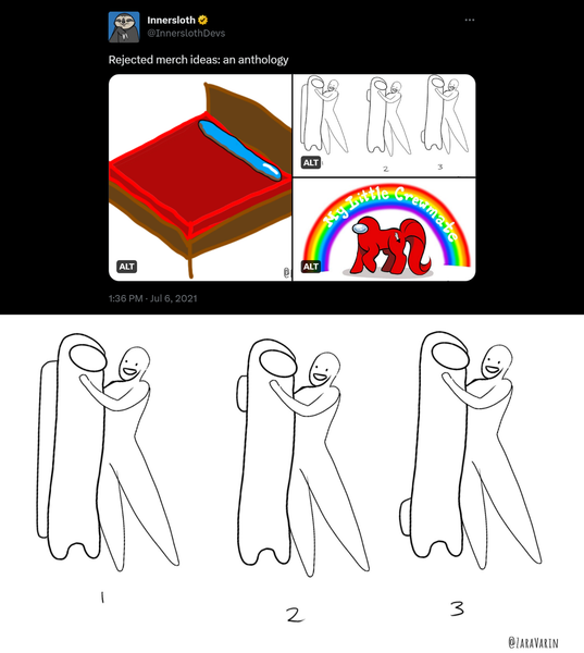 Top: a screenshot from @InnerslothDevs on Twitter that reads "Rejected merch ideas, an anthology" with sketches of a Crewmate comforter, a person holding a Longbean plush and a Crewmate version of My Little Pony that reads "My Little Crewmate." Bottom: An enlarged version of the Longbean sketch, with three different versions of backpack placement.