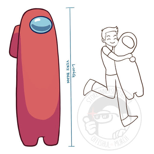 Illustration of a red Longbean plush. There is a sketch of a person hugging it to the right for scale, with the unit of measurement being "Long, Very Bean."