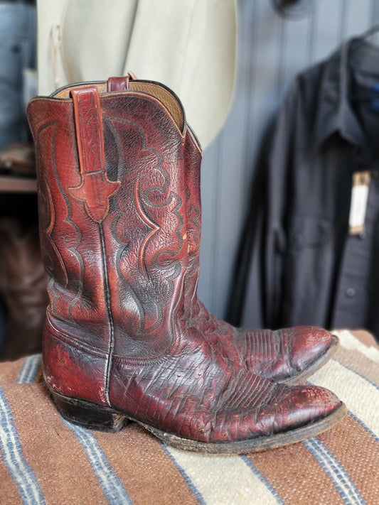 Vintage Lucchese Cowboy Boots Oxblood Red Woven Suede Womens Size 7