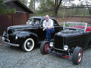 Bob at his home in the mountains of southern Oregon with his '40 standard coupe and '32 hiboy roadster.