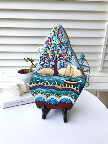 tree of life love summer folk art stone painting Christine Onward rustic beach house blue decoration original housewarming one of a kind gift souvenir Australia