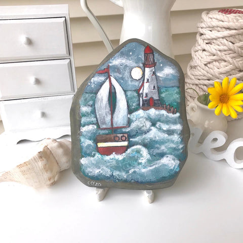 boat art painted rock folk naive beach house decoration blog Christine Onward simple coastal decor