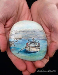 Painted rock boats gallery art Christine Onward Australia blog article gift home decoration backpack sky romantic