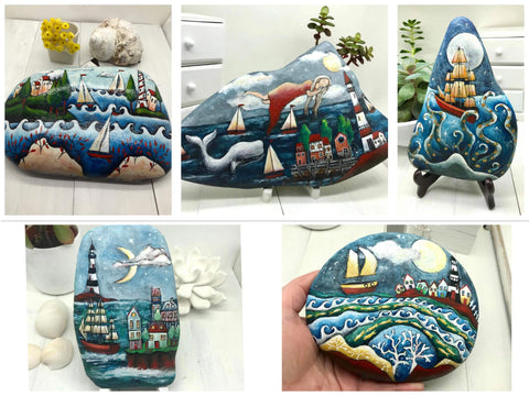 Rock painting boats Christine Christine Australia art blog gallery old bar home decoration