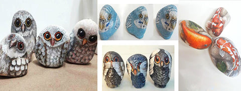 Painted rocks owls, fish and parrot by Debora Penachione